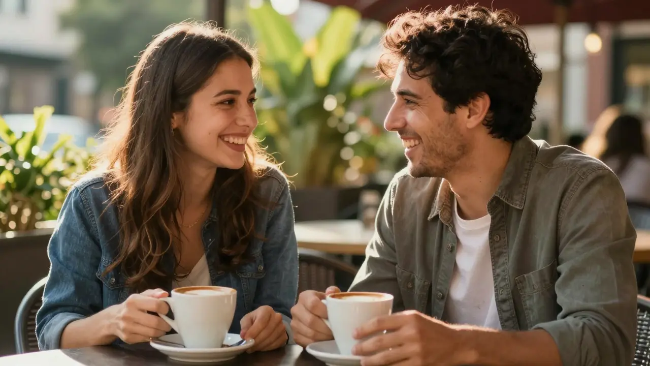Mladý pár se směje na venkovní kavárně s šálky kávy.