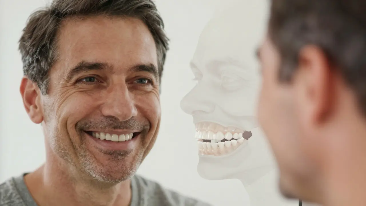 Muž se širokým úsměvem v zrcadle, jeho nový zub vypadá přirozeně, staré poškozené zuby se mizí.