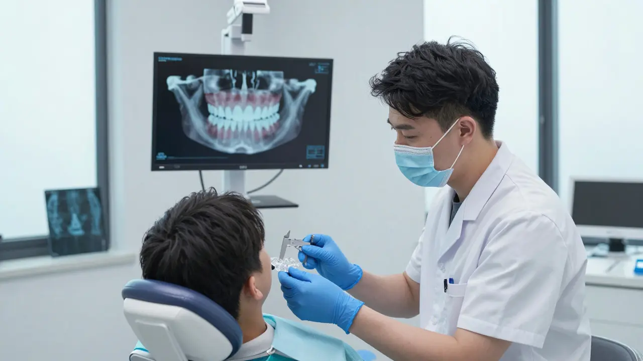 Ortodont upravuje vyrovnávací aparaturu pacientovi, zatímco na monitoru je 3D scena čelisti.