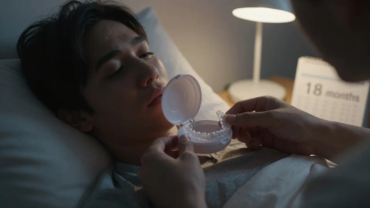 Osoba si vkládá zadržovač do příslušenství večer, s kalendářem označujícím dobu nosení.