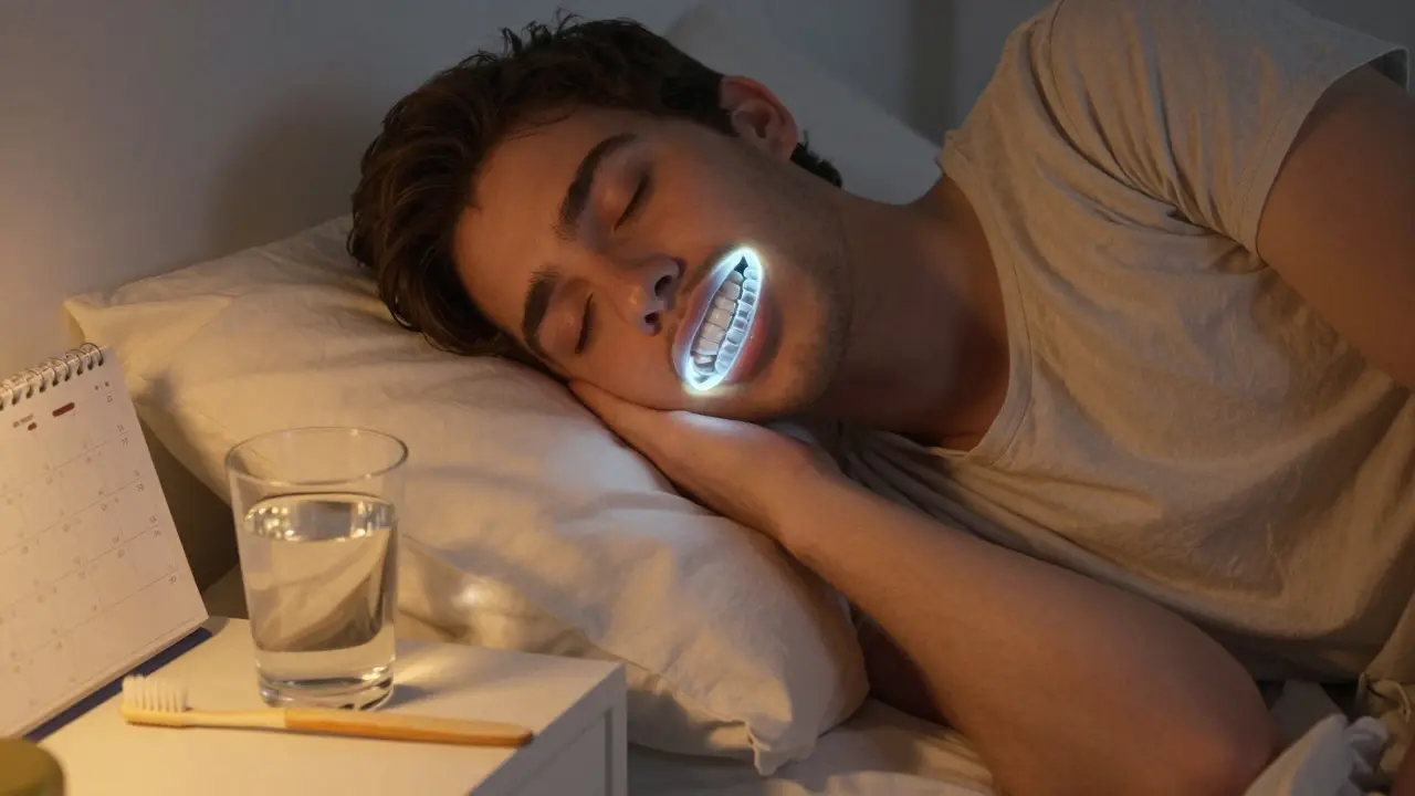 Osoba ve zubní nápravě během spánku s důležitými prevenčními předměty