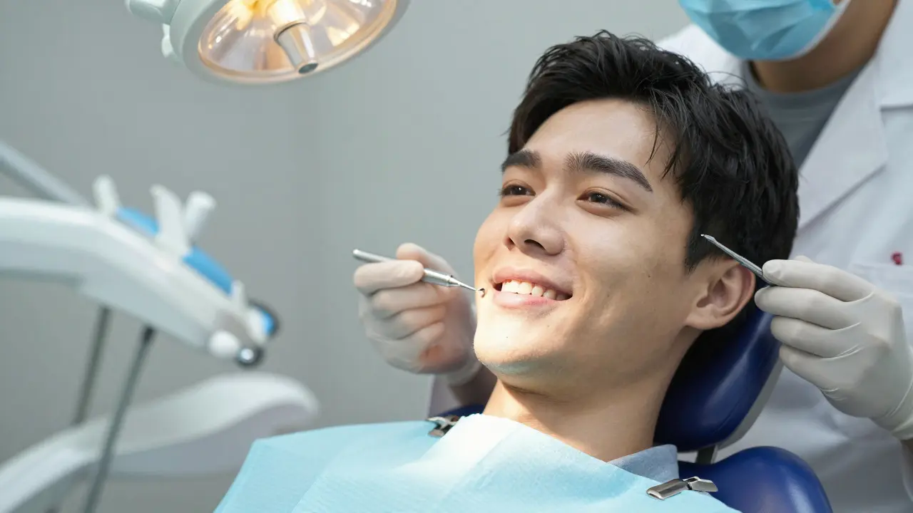 Pacient v zubní ordinaci s viditelnou mezerou v zubu, zubní lékař připravuje nástroje.