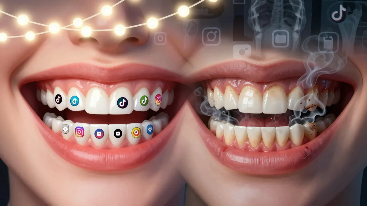 Porovnání krásného úsměvu s nálepky a poškozených zubů pod nimi, s prvkami sociálních sítí.