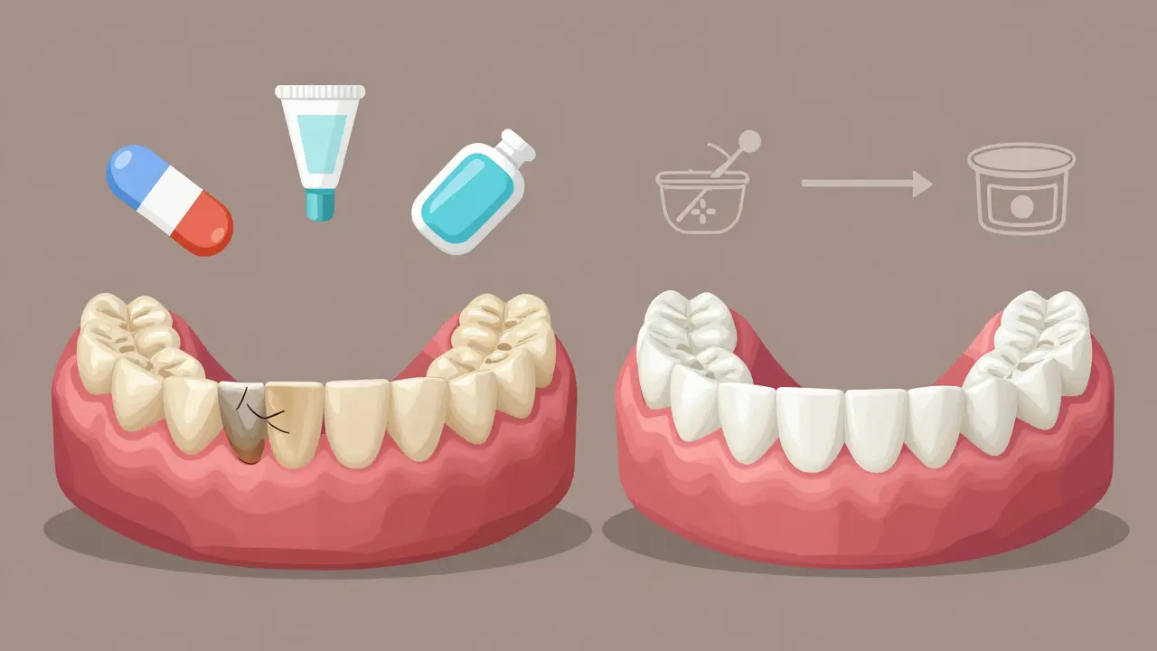 Porovnání poškozené a dobře udržované nasažovací protézy s příslušenstvím pro péči.