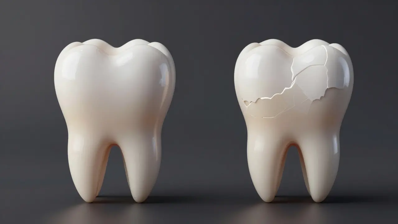 Porovnání zdravého zubu s poškozeným zubem kvůli příliš častému bělení.