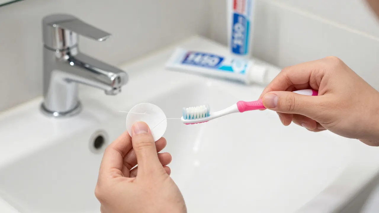 Použití zubní nitky a mezizubního kartáčku pro čištění mezizubních prostor.