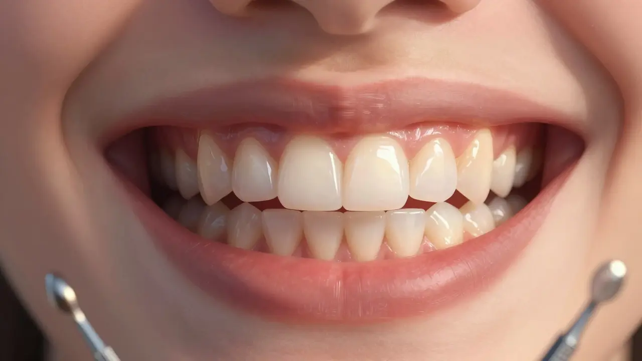 Před a po: tmavé, nepravidelné zuby na levé straně, jasný a dokonalý úsměv s fazetami na pravé straně.