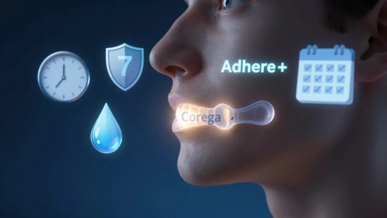 Průhledná protéza na čelisti s symboly dlouhodobé životnosti a péče.