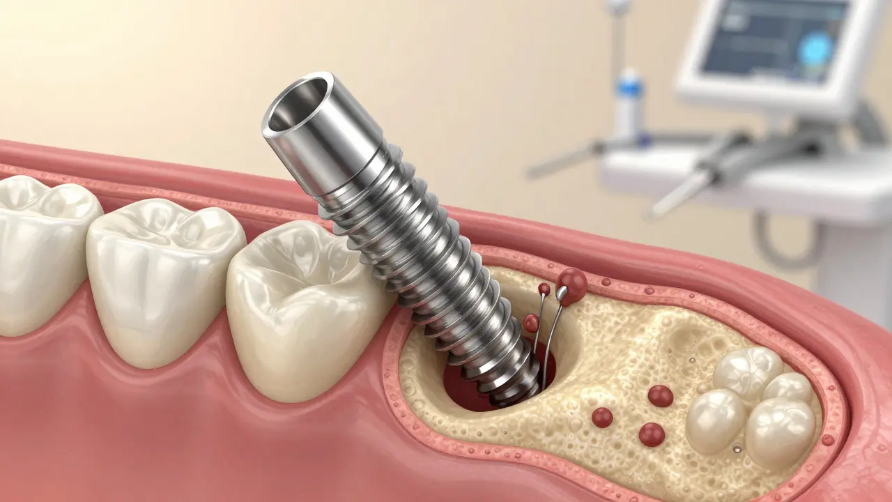 Průřez čelistí s titaniumovým implantátem, jak se kost přirostá k implantátu.