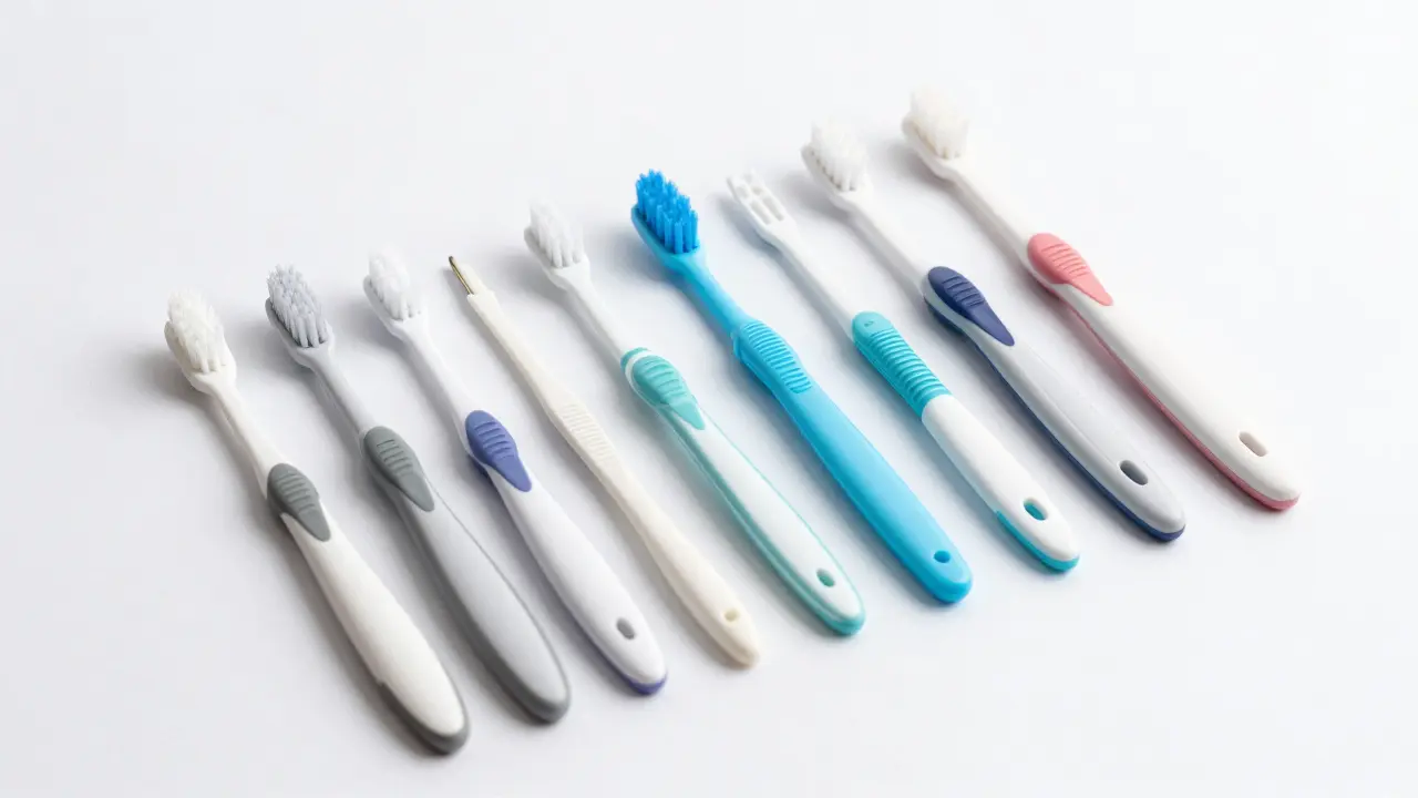 Řada mezizubních kartáčků různých velikostí a barev.