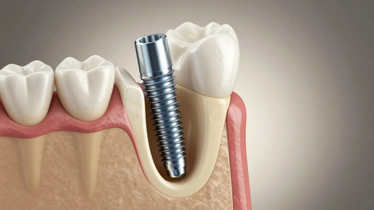 Řez titánového zubního implantátu v kosti