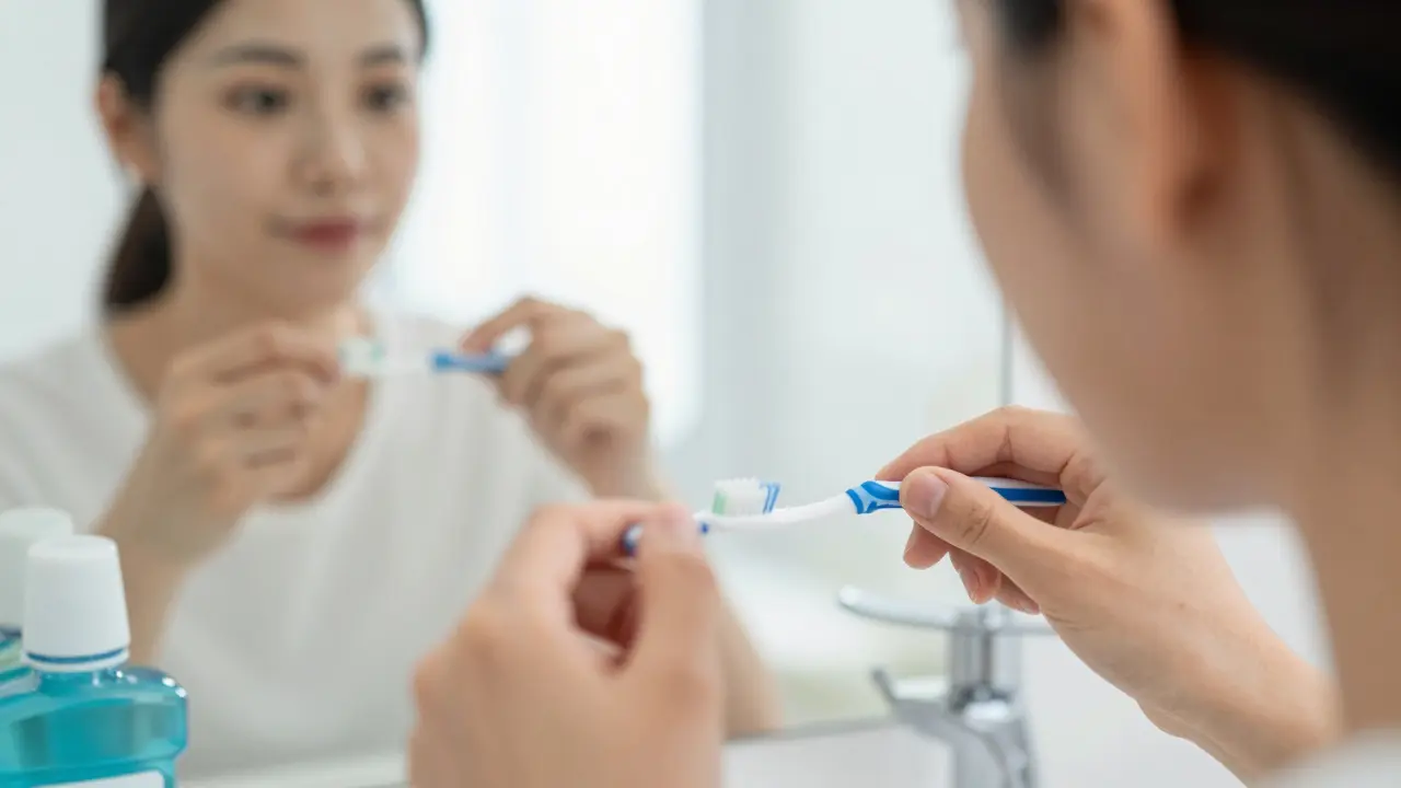 Ruka vkládá mezizubní kartáček mezi zuby, odrážená v zrcadle, bez ústní vody v pozadí.