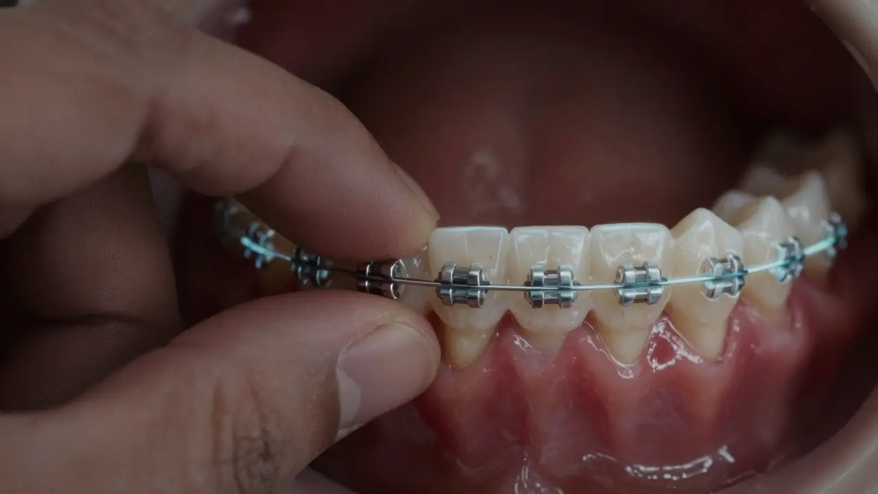 Ruky odstraňují rovnátka zubů, které ukazují skryté kávové poškození.