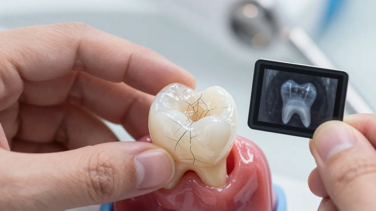 Skrytá prasklina v zubu pod korunkou, rentgenový snímek ukazující poškození v pozadí.