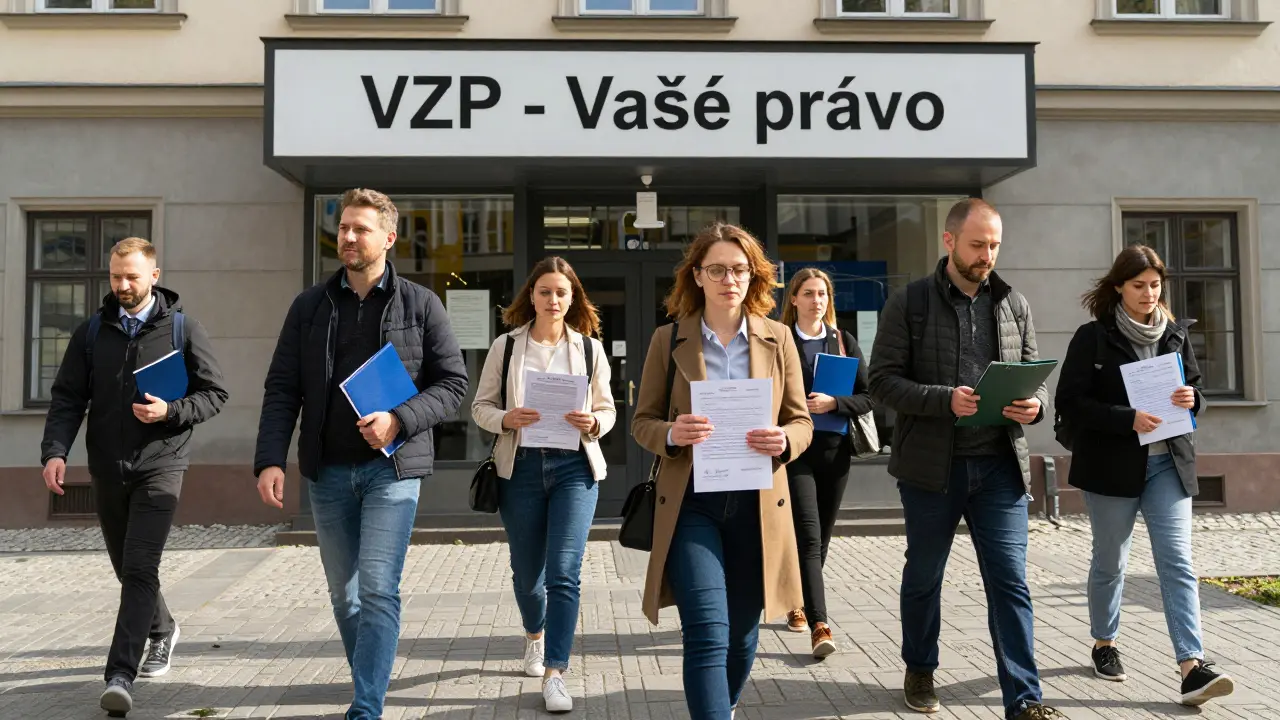 Skupina lidí s dokumenty jde k budově VZP v Praze s výrazem sebedůvěry.
