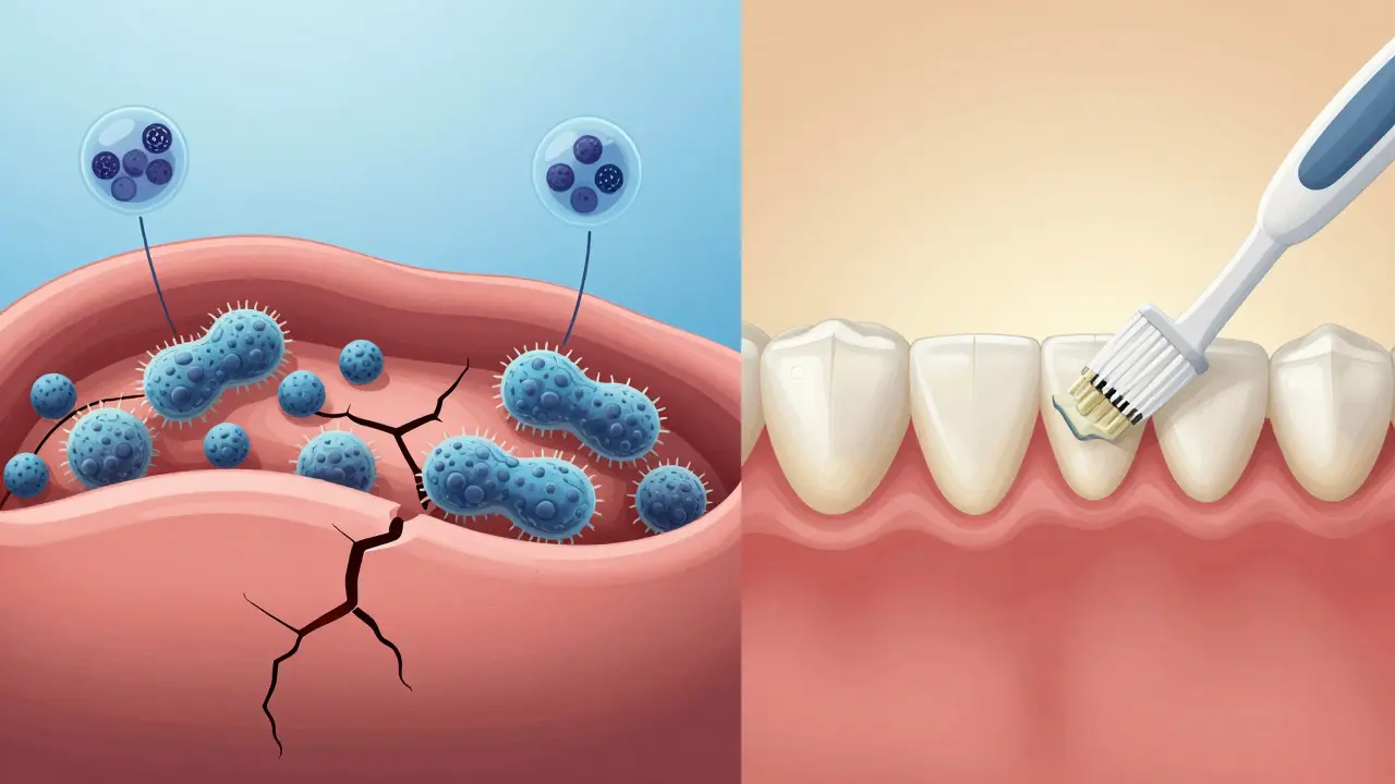 Srovnání suché sliznice s hromaděním bakterií a čistého mezizubního prostoru s odstraněným plakem.