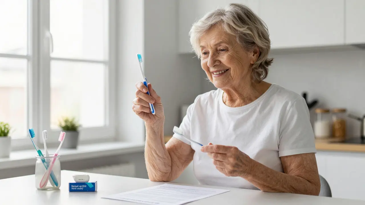 Starší žena drží mezizubní kartáček a běžný kartáček na kuchyňském stole při slunečném světle.