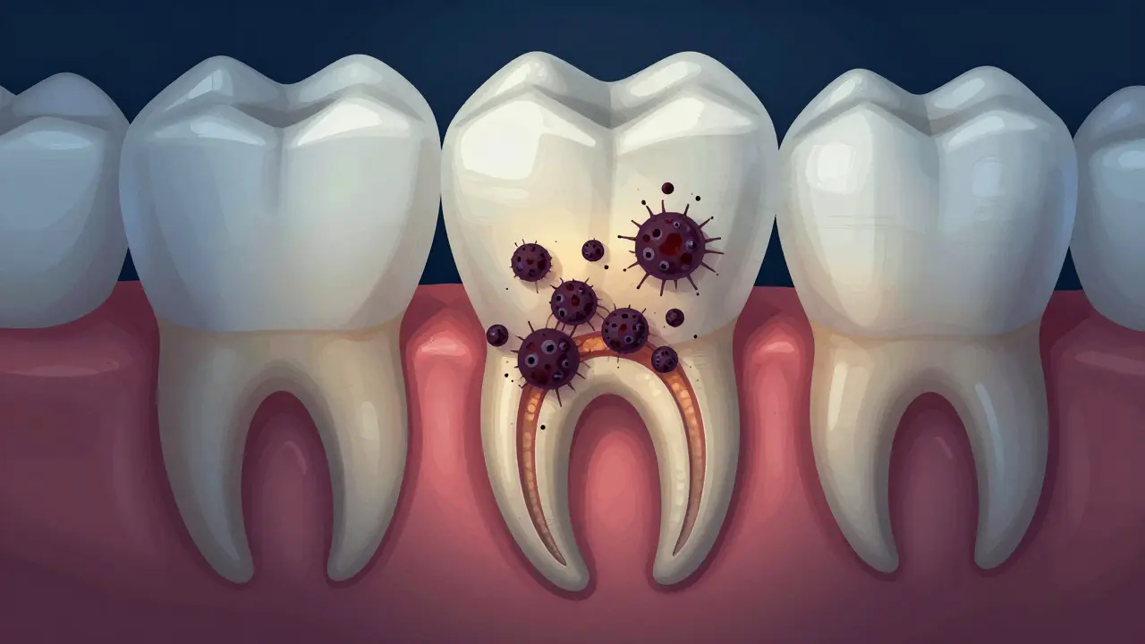 Vnitřní řez zubem pod korunkou s infekcí šířící se do čelisti, teplé a studené barvy.