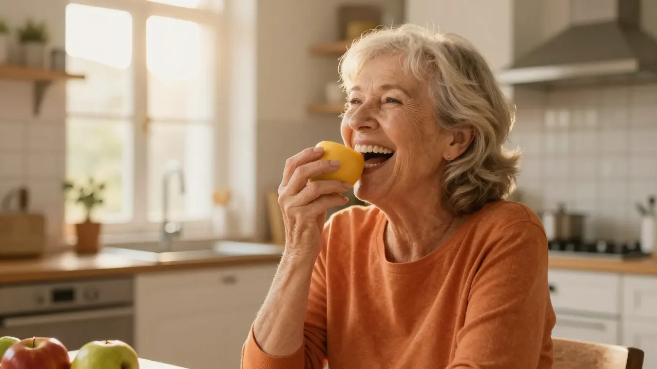 Žena se smíchem při jídle ovocné