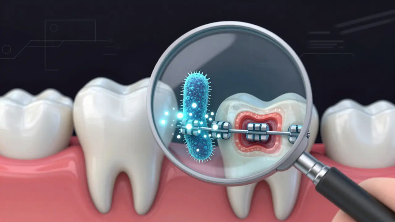 Zub pod zvětšovacím čočkou s bakteriemi a demineralizací kolem rovnátek.