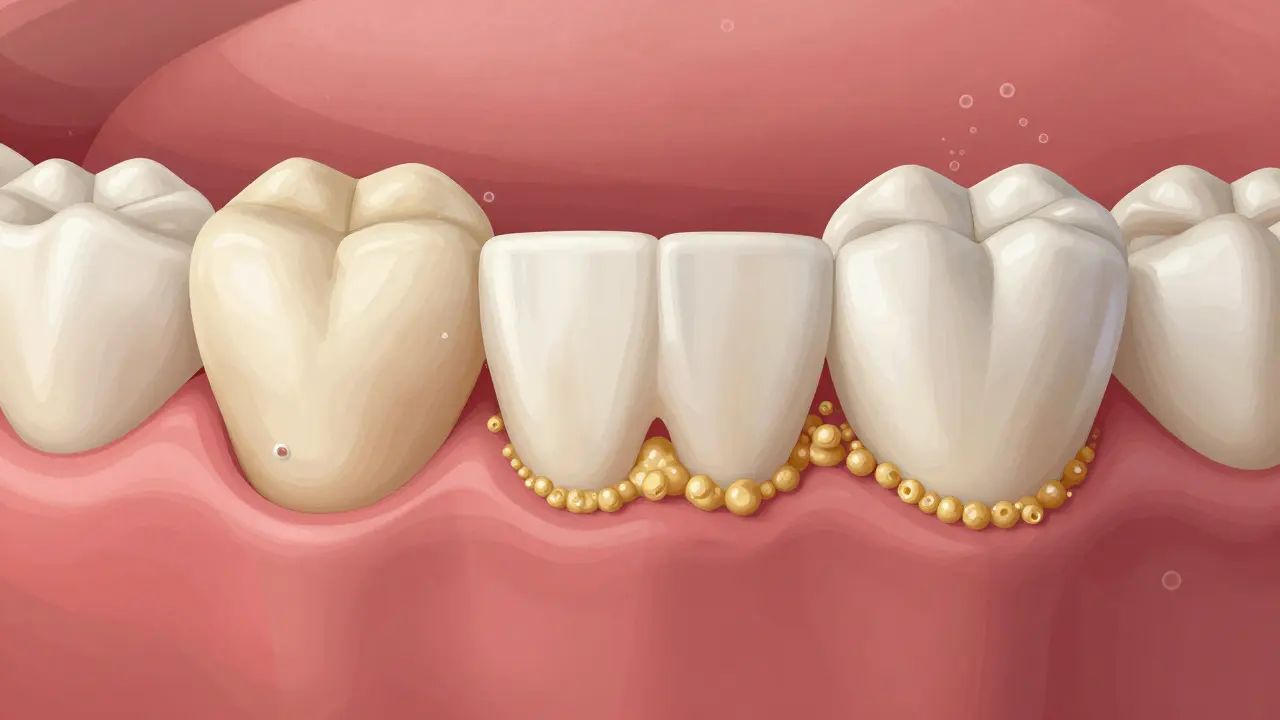 Zub s tvrdým žlutým zubním kamenem pod dásněmi, v porovnání s měkkým plakem.