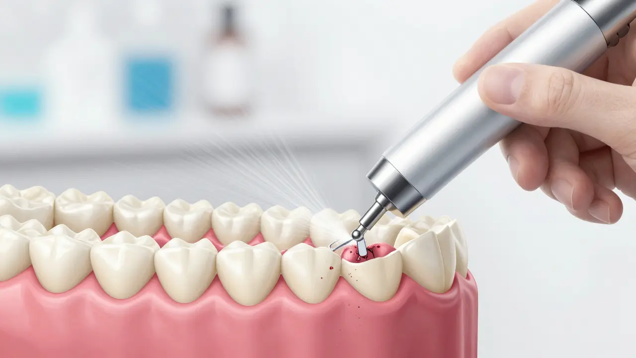 Zubní hygienička odstraňuje zubní kámen ultrazvukovým čističem během profesionálního čištění.