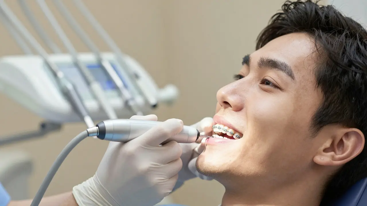 Zubní lékař odstraňuje kámen zubů po odstranění rovnátek ultrazvukem.