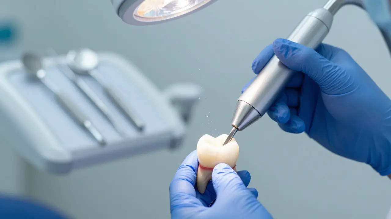 Zubní lékař odstraňuje zubní kámen ultrazvukovým přístrojem, zuby jsou čisté a lesklé.