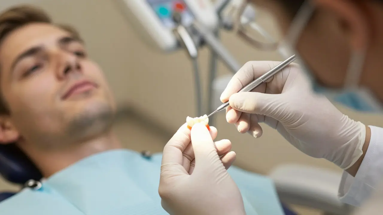 Zubní lékař upevňuje viklavý zub spojením s sousedními zuby.