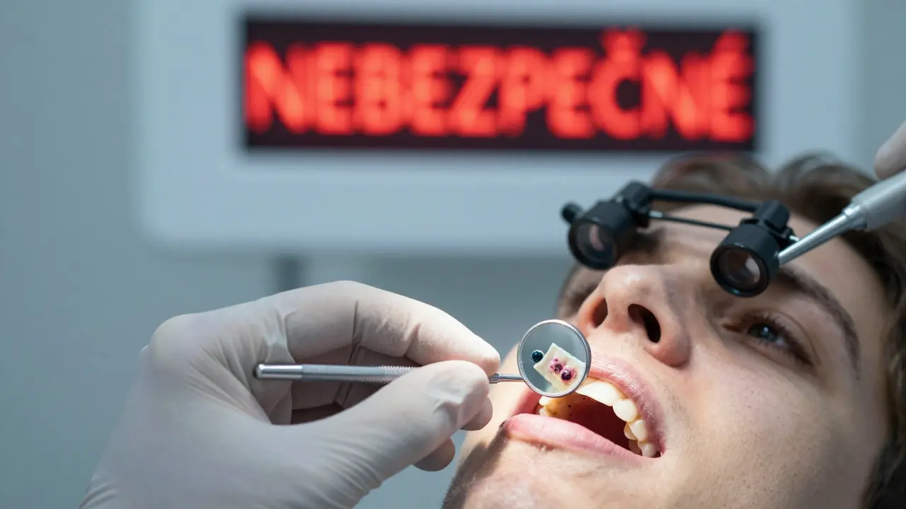 Zubní lékyně odstraňuje nálepku z zubu, pod ní je vidět kariés a bakterie.