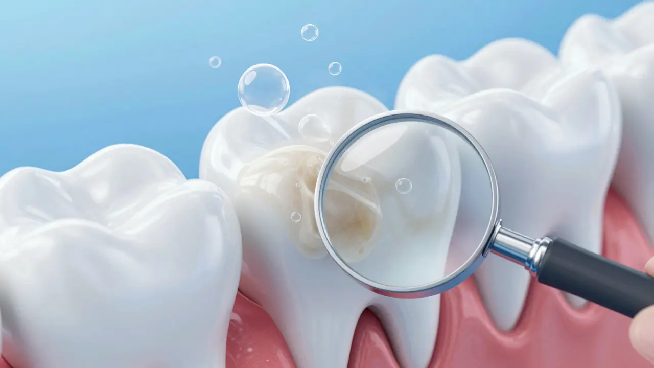 Zvětšený pohled na zubní sklovinu s kyslíkovými bublinkami rozkládajícími skvrny.