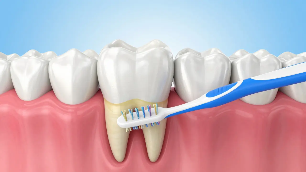 3D ilustrace mezizubního kartáčku odstraňujícího plak z mezery mezi zuby.