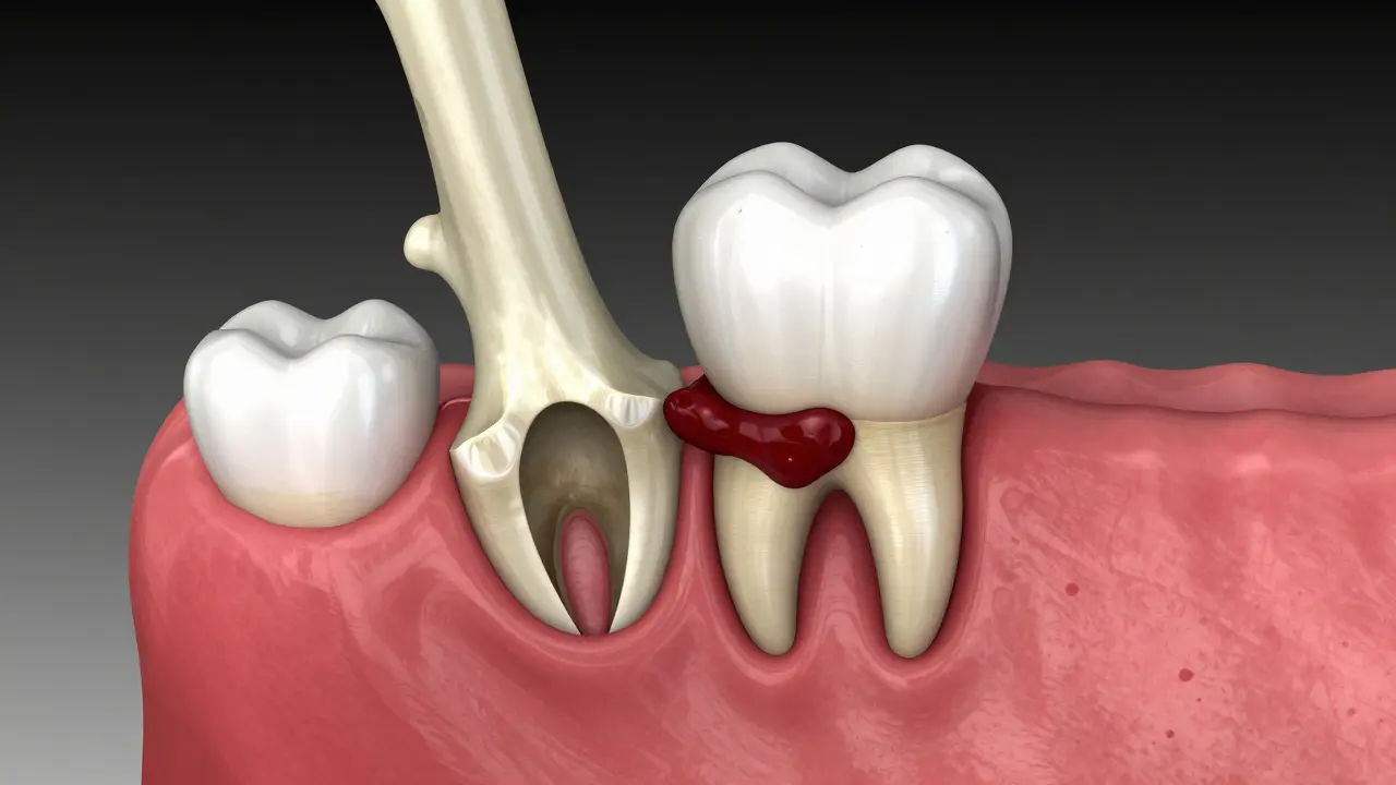 3D ilustrace prázdného lúnka v čelistním kostě u suché alveoly.