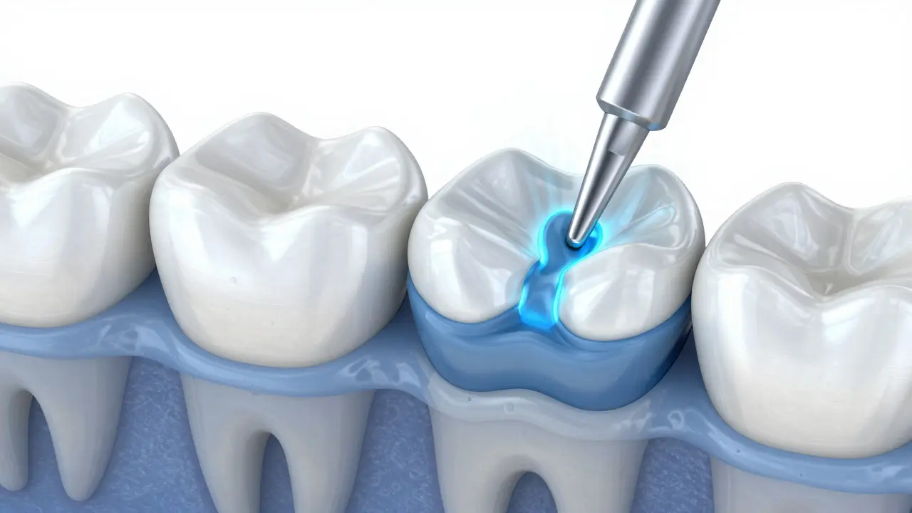 3D ilustrace procesu lepení zubní korunky speciálním dentálním cementem.