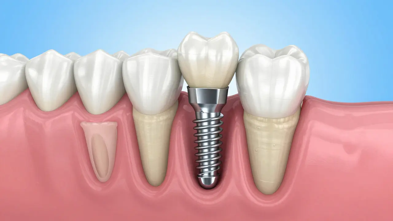 3D model dentálního implantátu vsazeného do čelistní kosti.