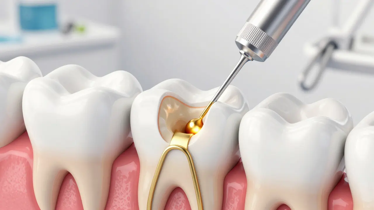 3D vizualizace procesu čištění a zaplnění zubního kanálku.