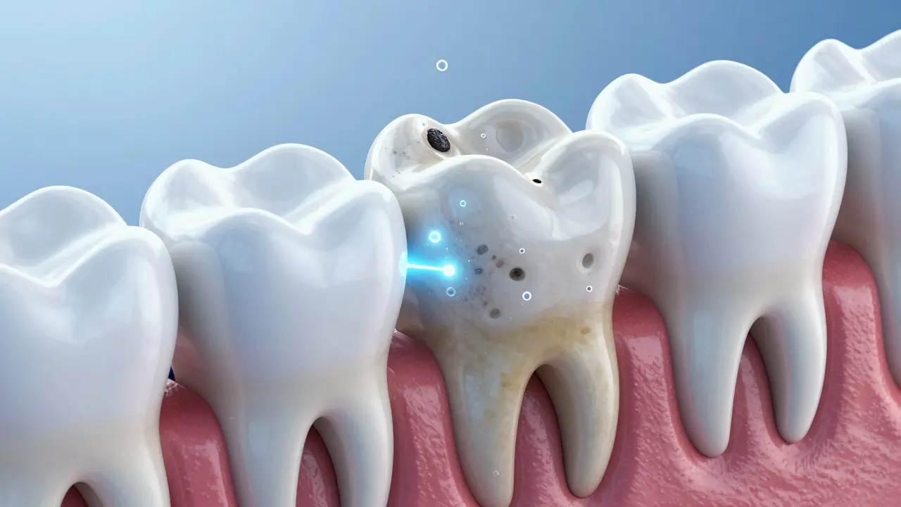 3D vizualizace procesu oxidace a odstraňování skvrn z zubní skloviny.