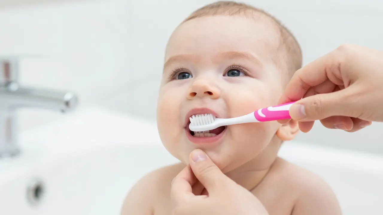 Čištění prvního mléčného zoubku pomocí dětského prstového kartáčku.