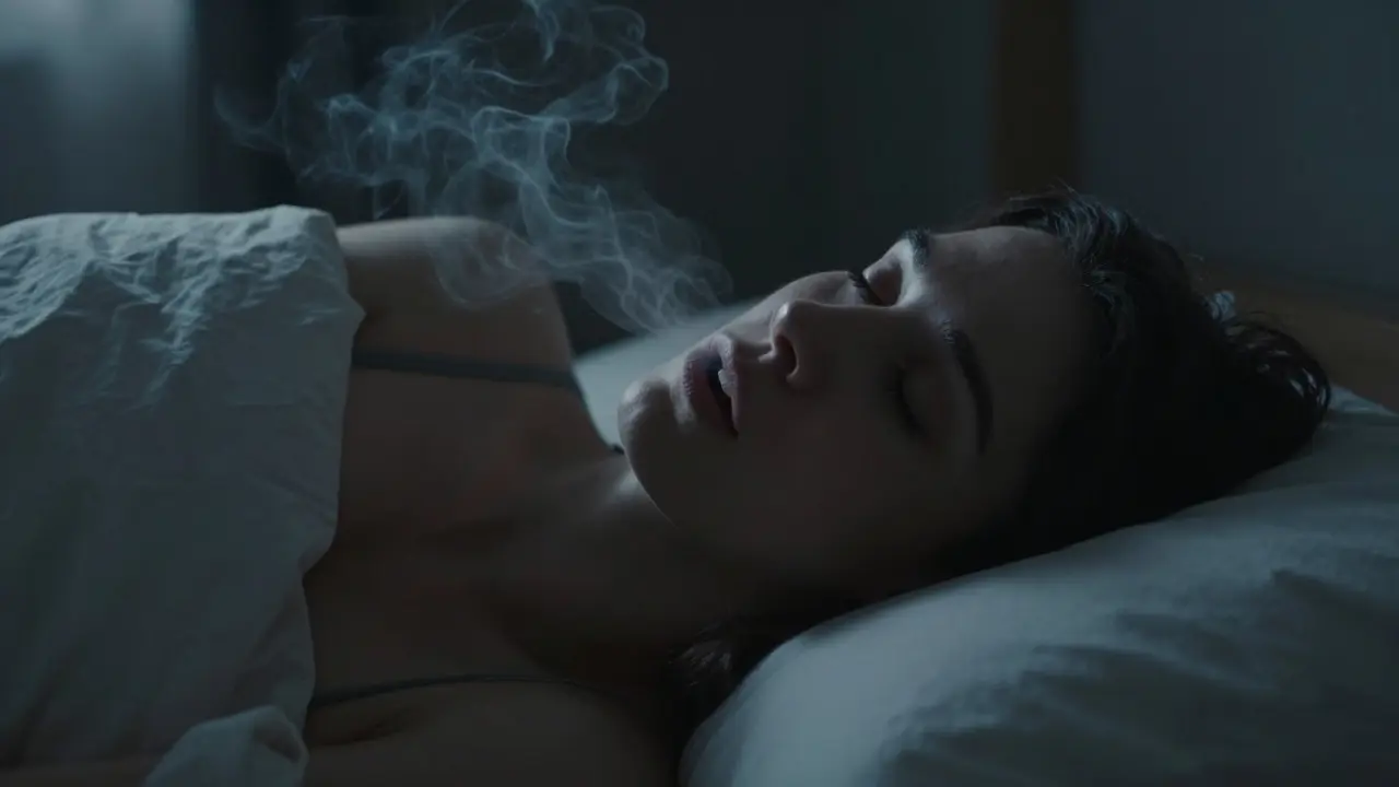 Člověk spící s otevřenými ústy, znázornění ústního dýchání během noci.