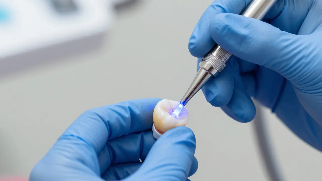Dentista nanáší a modrým světlem ztvrdí kompozitní pryskyřici na zub.