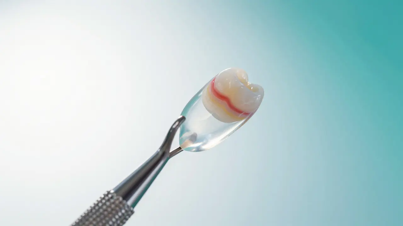 Detail extrémně tenké keramické fasetky s přirozenou průsvitností.