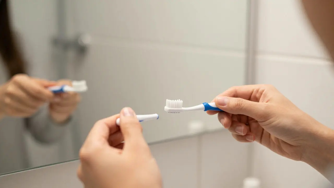 Detail ruky s mezizubním kartáčkem před zrcadlem v koupelně.