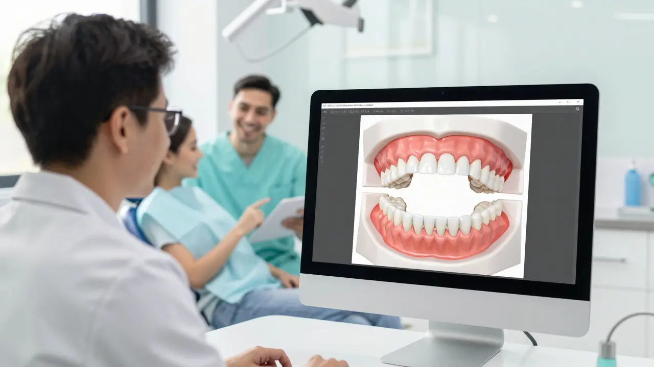 Digitální model správného alignmentu čelistí v moderní ortodontické ordinaci.