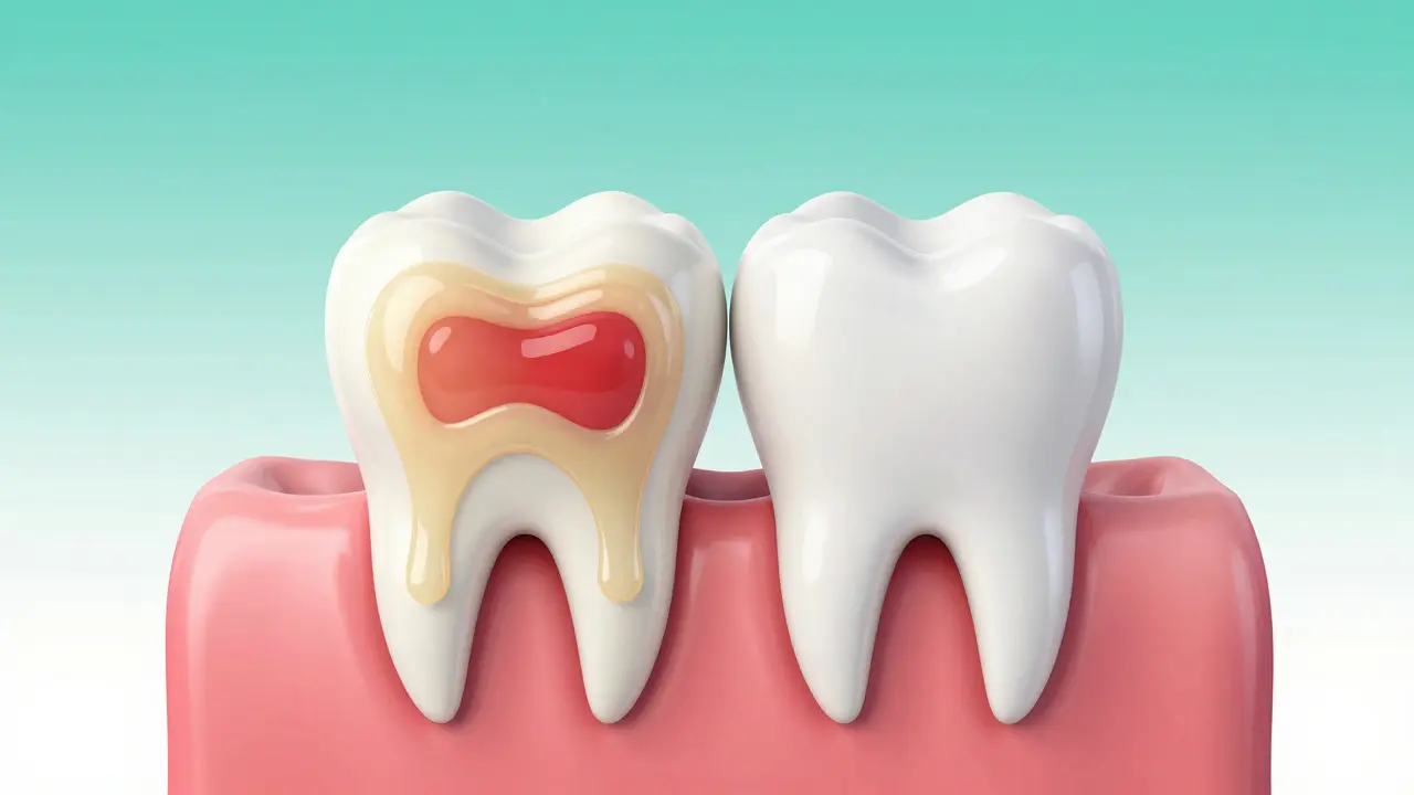 Ilustrace zánětu dásní způsobeného plakem a následné úlevy po čištění.