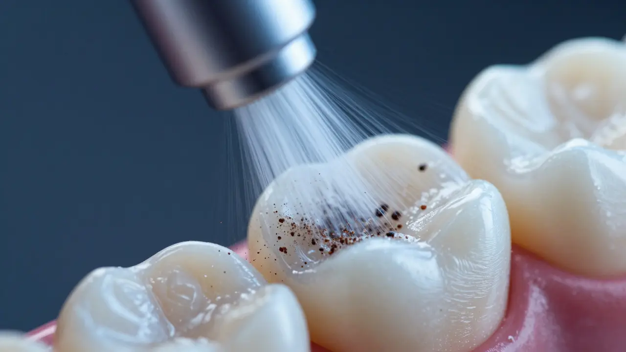 Jemné částice prášku smíchané s vodou a vzduchem čistí skvrny bez poškození skloviny.