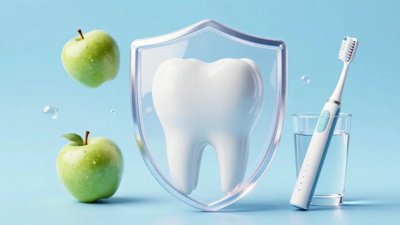 Koncept čistého chrupu s vodou, jablkem a elektrickým kartáčkem.