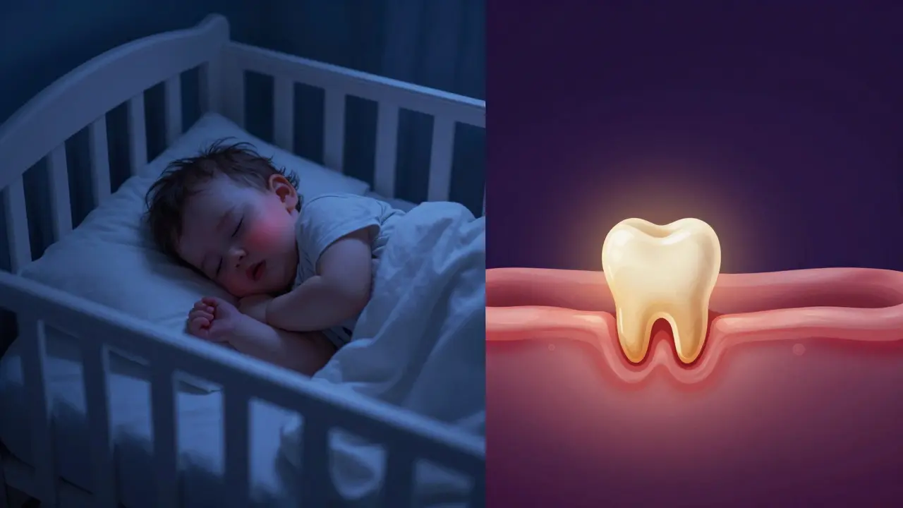 Konceptuální obraz neklidného spánku miminka během růstu zoubku.