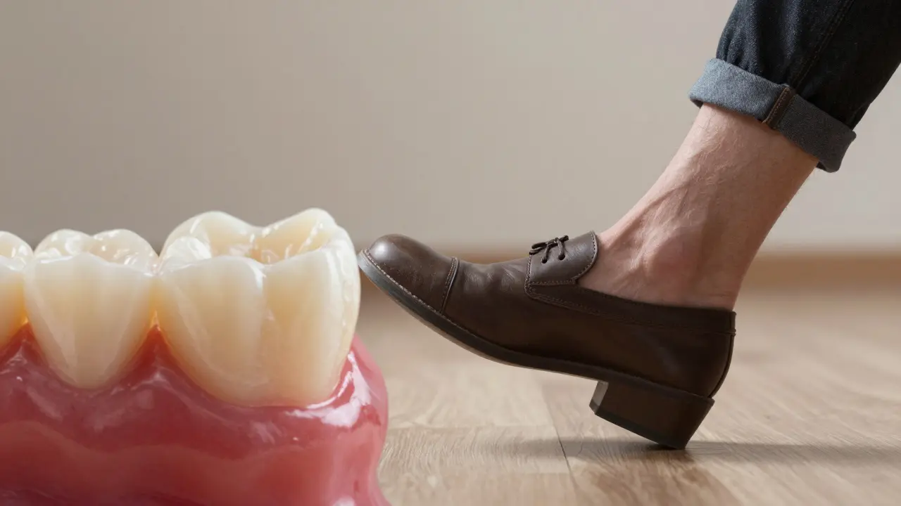 Konceptuální obraz srovnávající příliš vysokou korunku s nesymetrickou výškou boty.