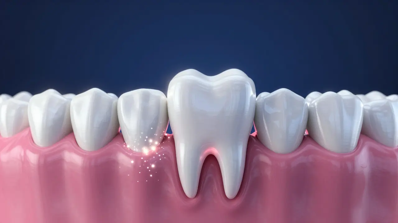 Konceptuální znázornění regenerace dásní a zdravého zubu s jemným světlem.