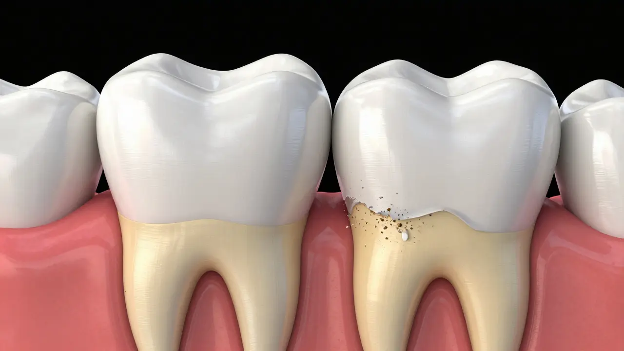 Konceptuální zobrazení opotřebování zubního skloviny kvůli abrazivní pastě.